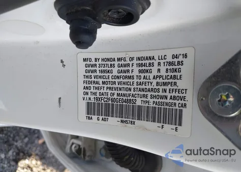 2016 Honda Civic Lx z USA, uszkodzony, nr VIN 19XFC2F60GE048852